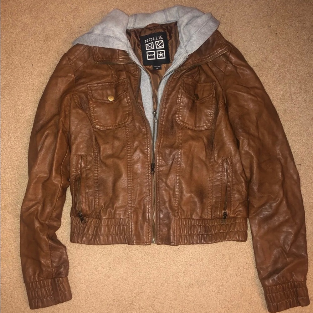 Brown Leather Jacket w hoodie detailing
